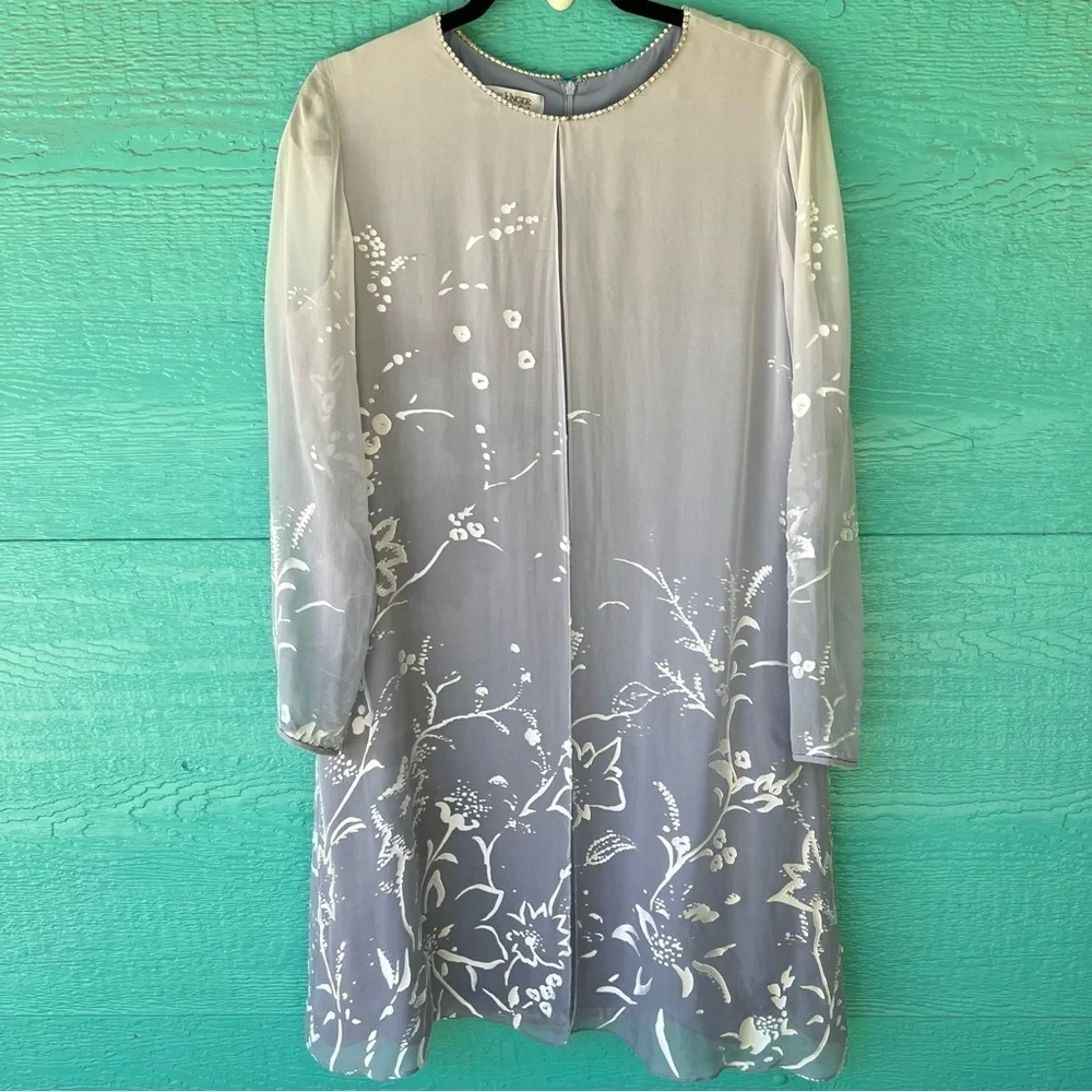 SILK VINTAGE OVERLAY OMBRÉ GRAY SILVER  PRINT DRESS SIZE 8 KAY UNGER LUXURY